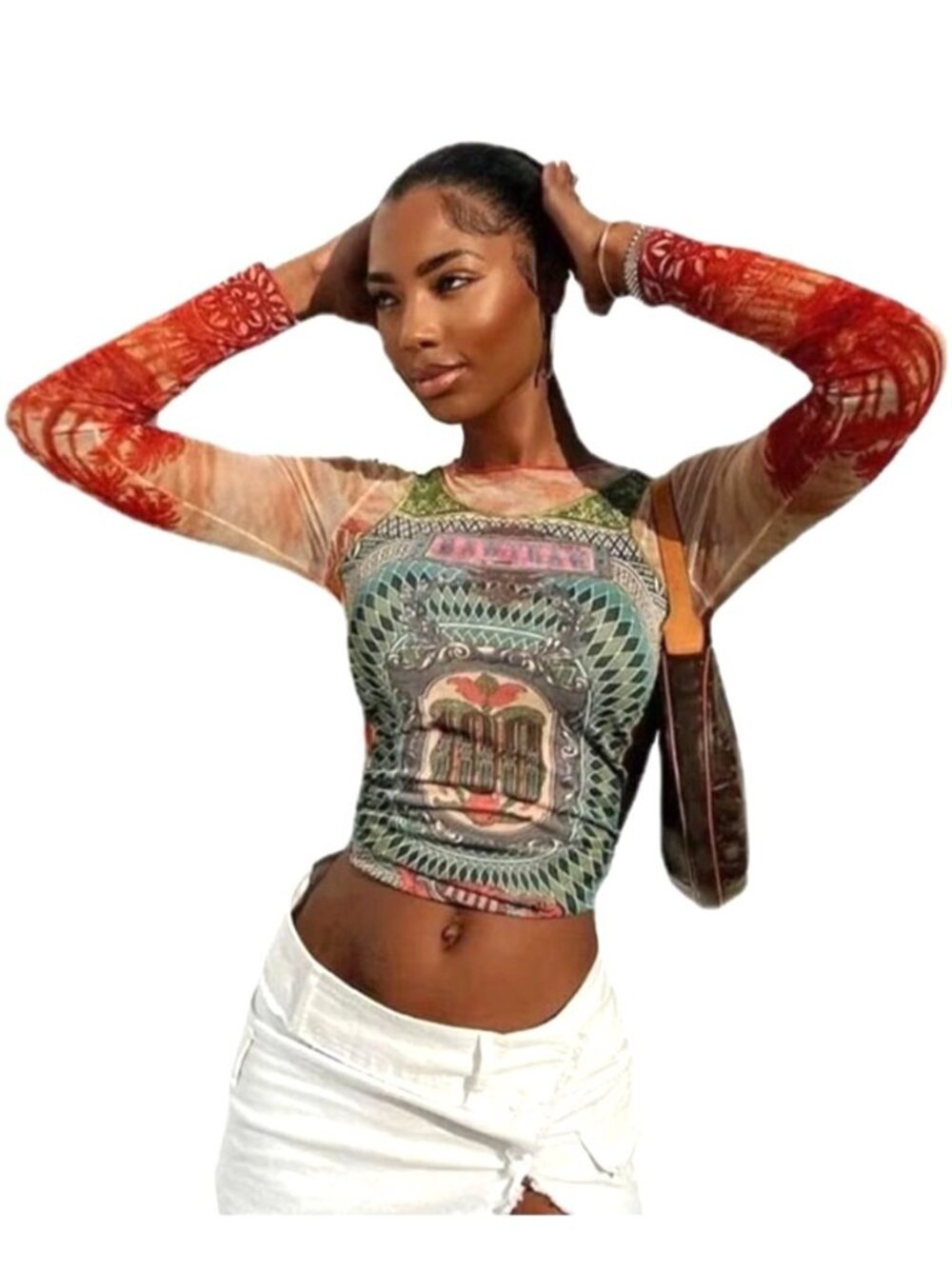 Womens M Y2K LS Graphic Mesh Top Vibrant Coquette Streetwear Grunge Hip Hop